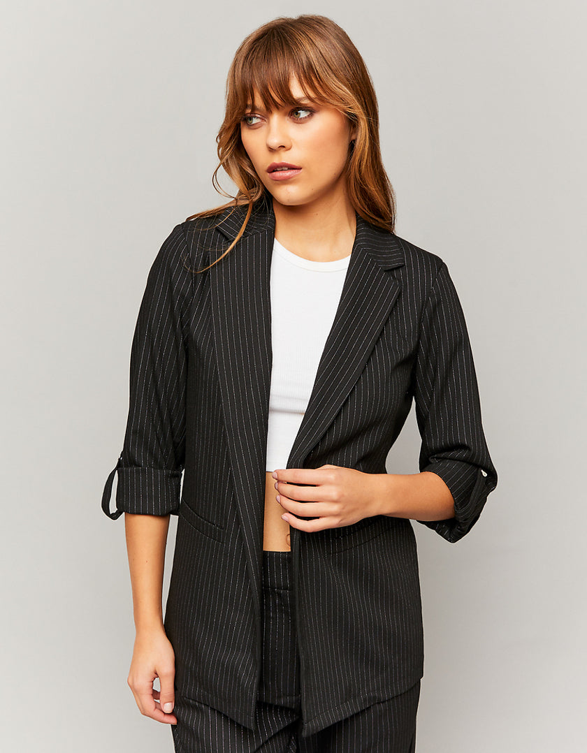 Ladies Black Blazer With Glitter Stripe-Model Front View