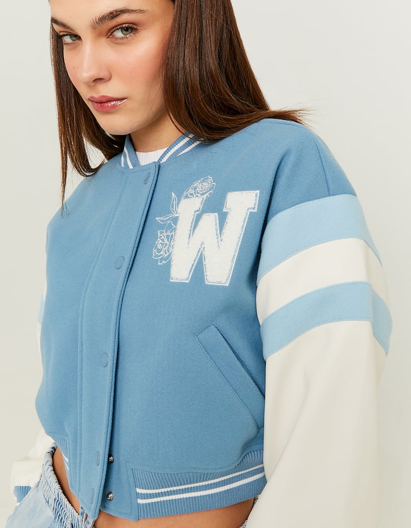 Ladies Blue Cropped Varsity Jacket-Closer View of Front