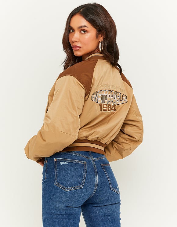 Ladies Beige Varsity Jacket-Model Back View