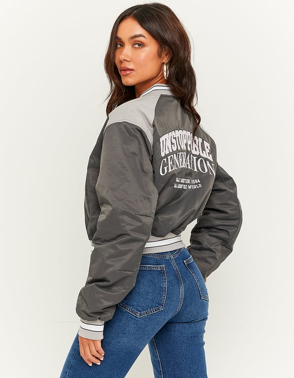 Ladies Grey Varsity Jacket-Model Back View