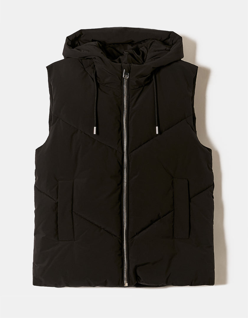 Ladies Black Gilet With Hood-Ghost Front View