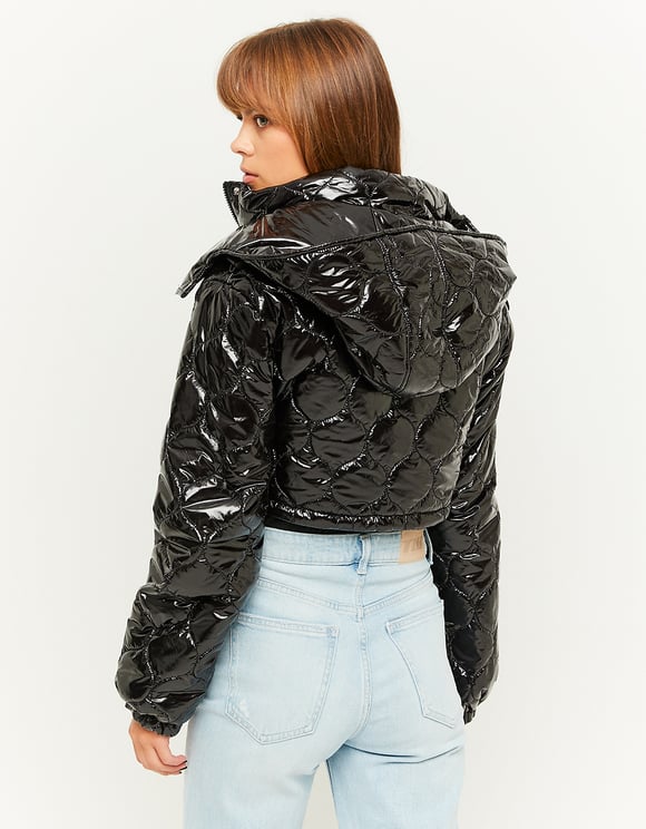 Laides Black Lined Cropped Jacket With Vinyl Effect-Model Back View