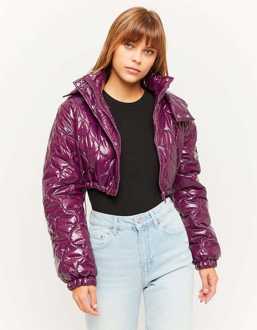 Ladies Purple Cropped Padded Jacket Vinyle Effect-Model Front View