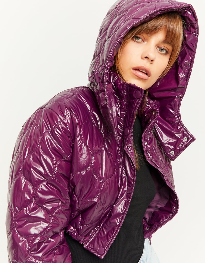 Ladies Purple Cropped Padded Jacket Vinyle Effect-Side View