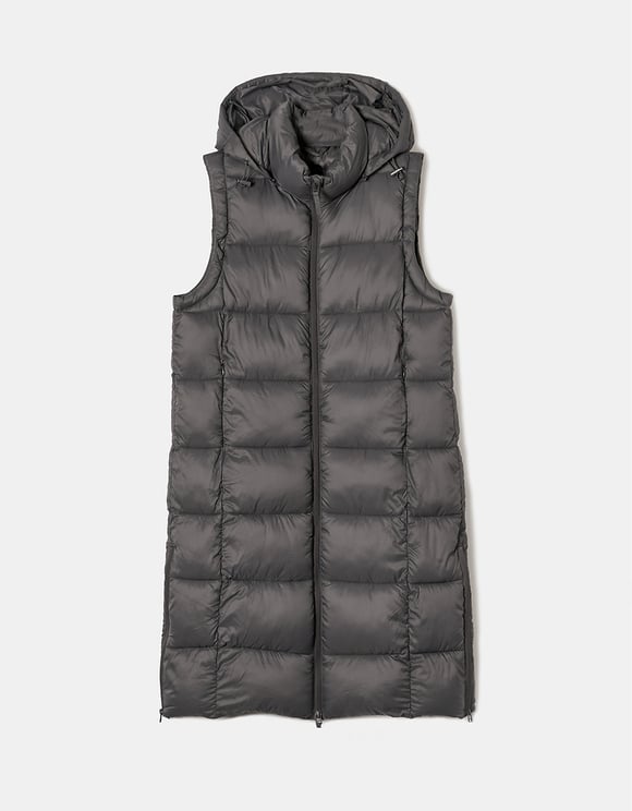 Ladies Grey Long Padded Gilet-Ghost Front View