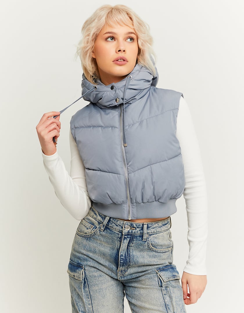 Ladies Grey Cropped Padded Vest With Removable Hood-Model Front View