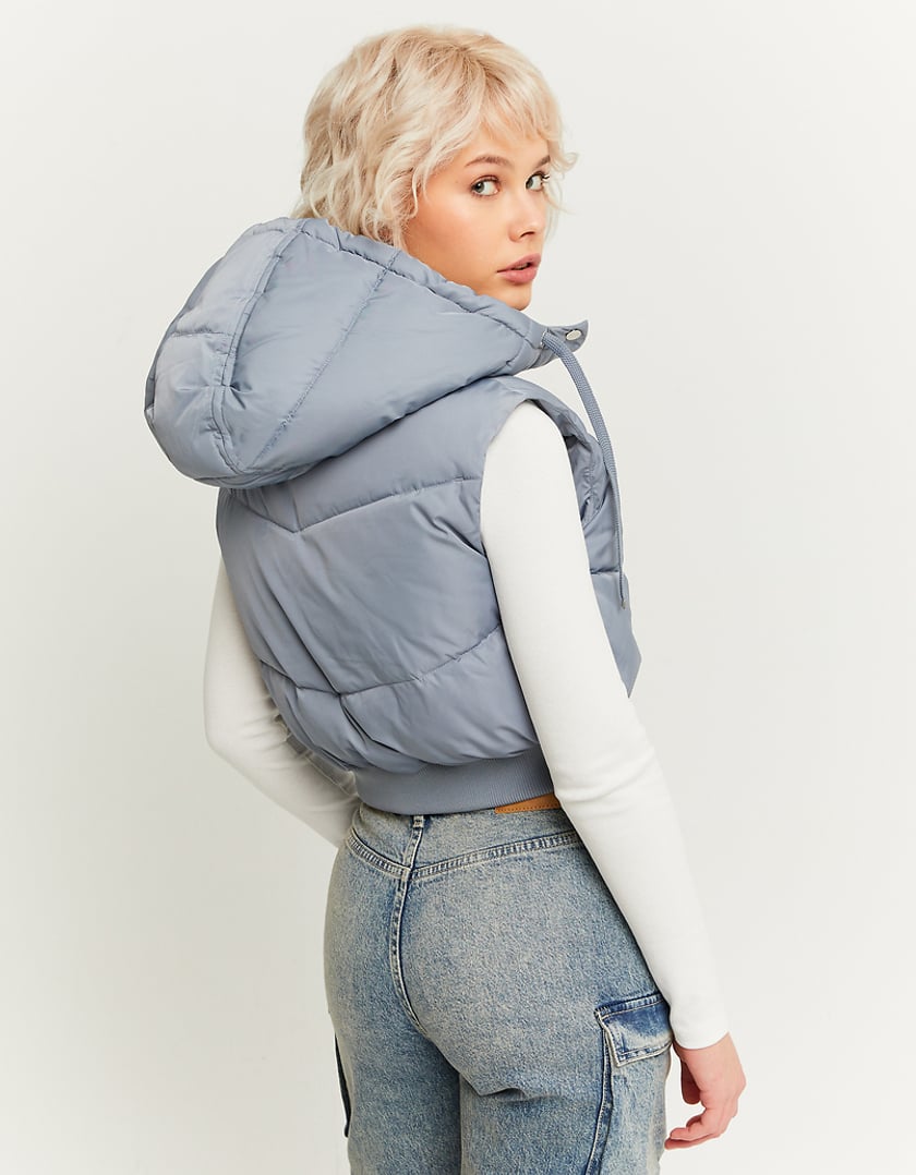 Ladies Grey Cropped Padded Vest With Removable Hood-Model Back View