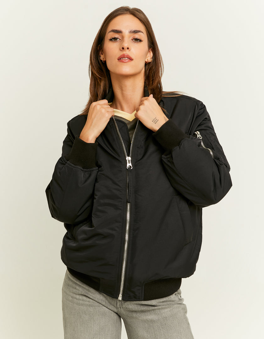 Ladies Black Bomber Jacket-Model Front View