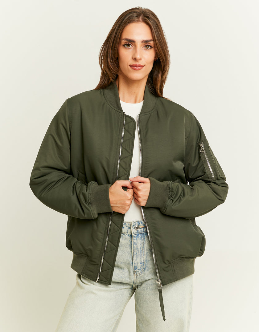 Ladies Green Bomber Jacket-Model Front View