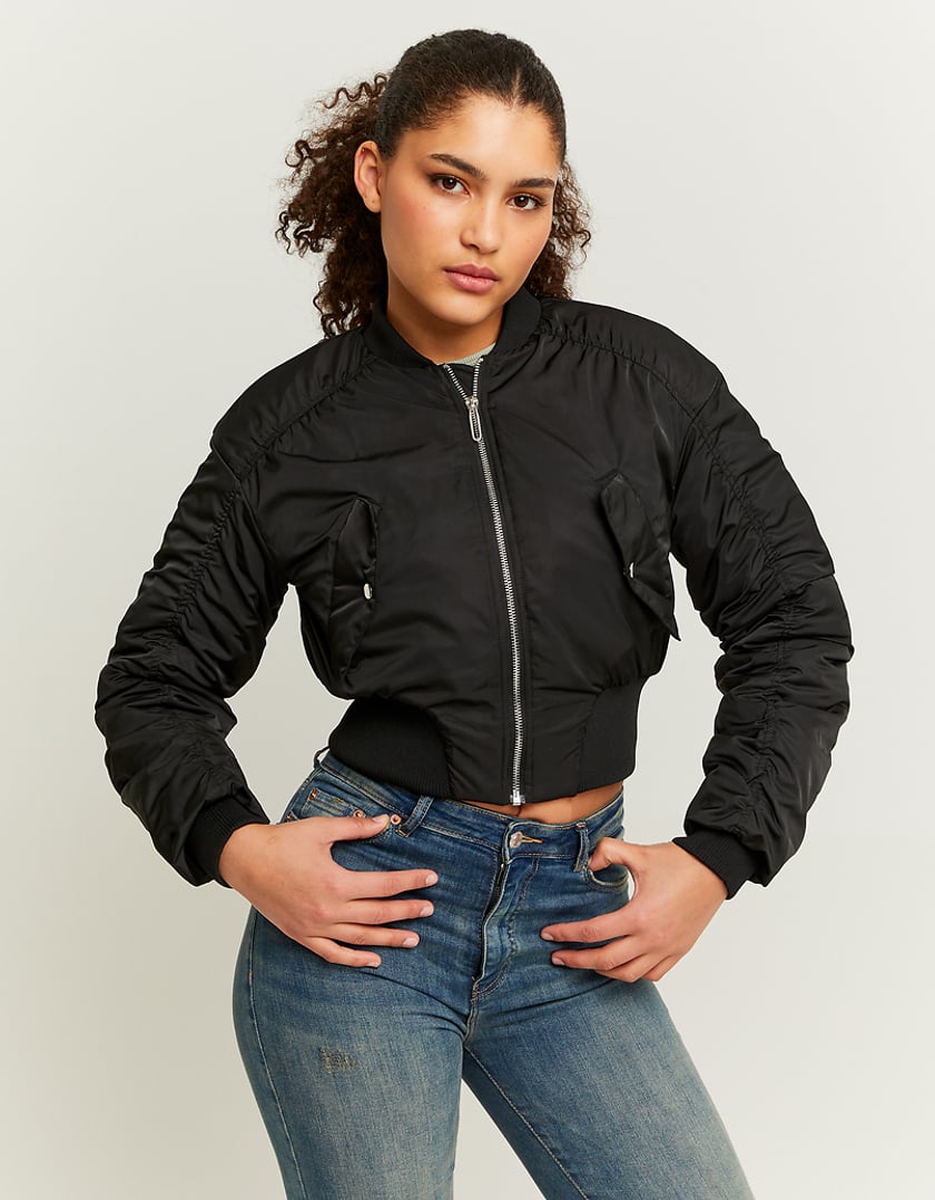 Ladies Black Cropped Bomber Jacket-Model Full Front View