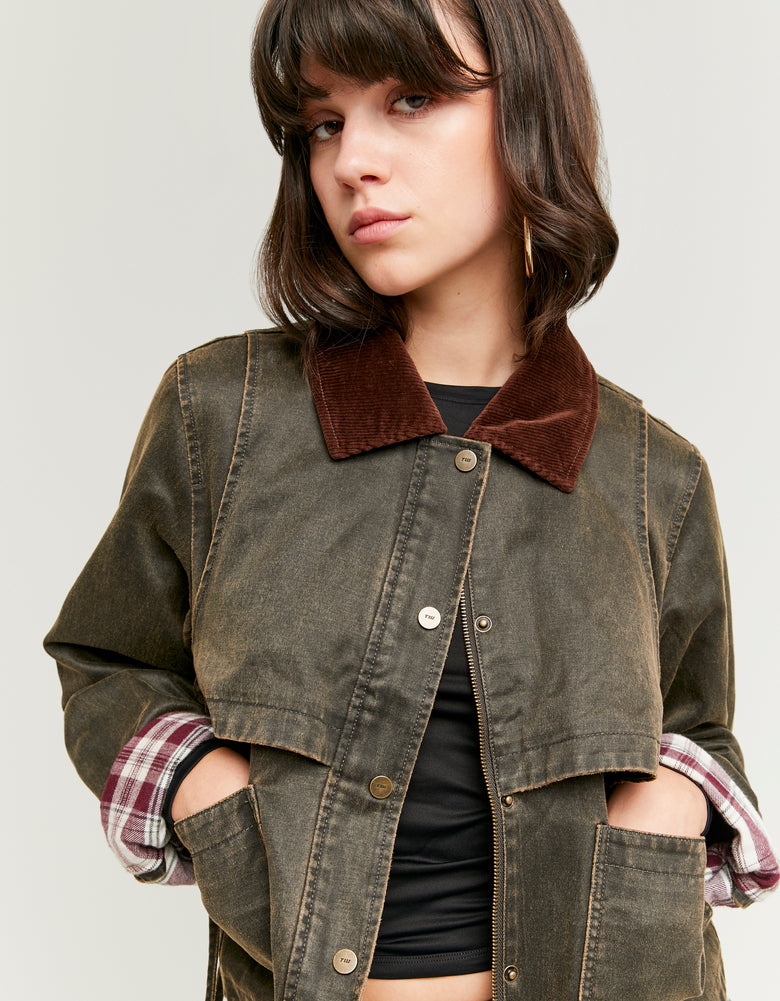 Ladies Green Jacket Corduroy Collar-Closer view of the Front