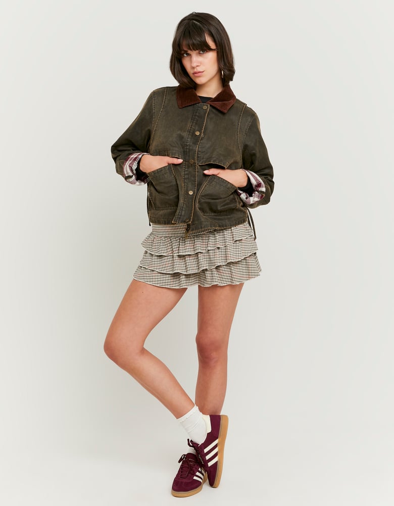 Ladies Green Jacket Corduroy Collar-Model Full Front View