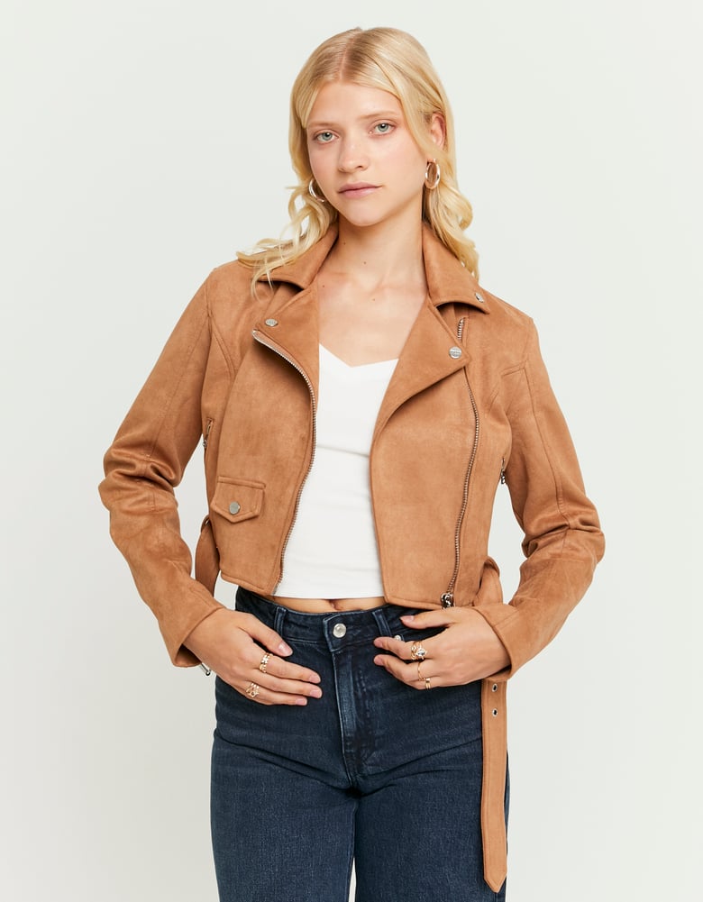 Ladies Brown Suede Biker Jacket-Model Front View