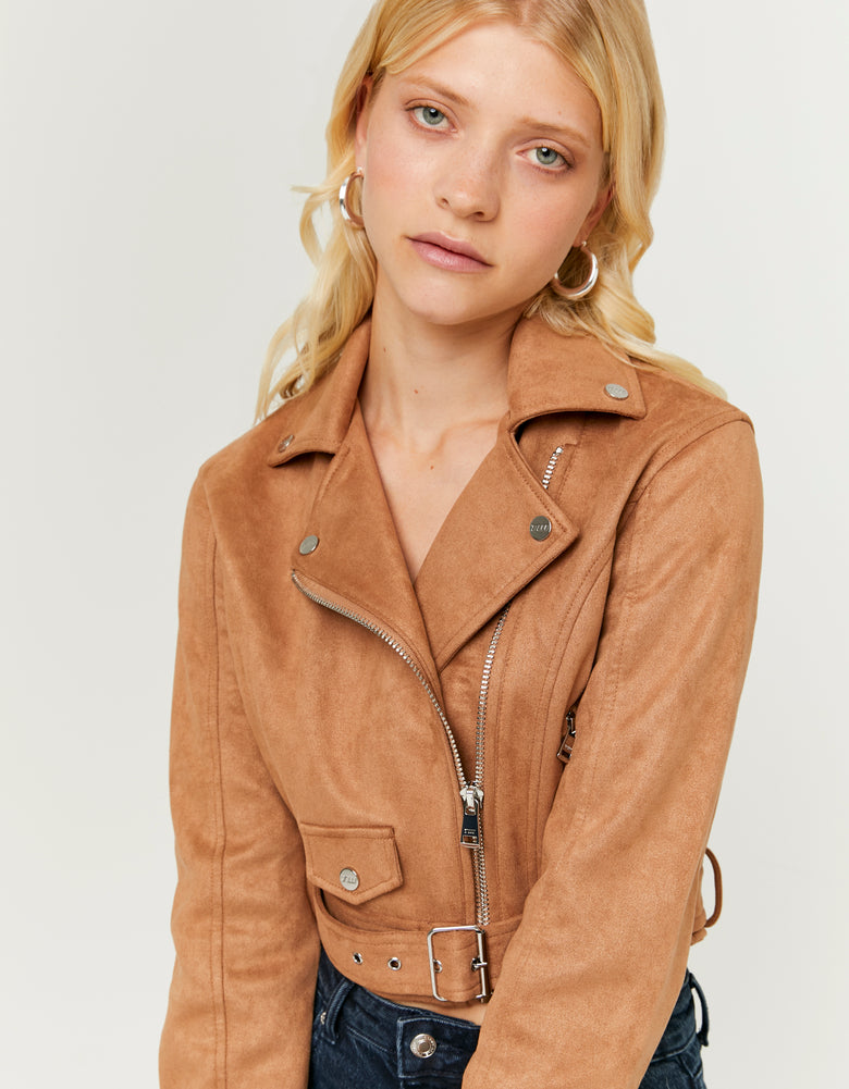 Ladies Brown Suede Biker Jacket-Closer View of the Front