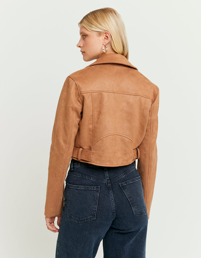 Ladies Brown Suede Biker Jacket-Model Back View