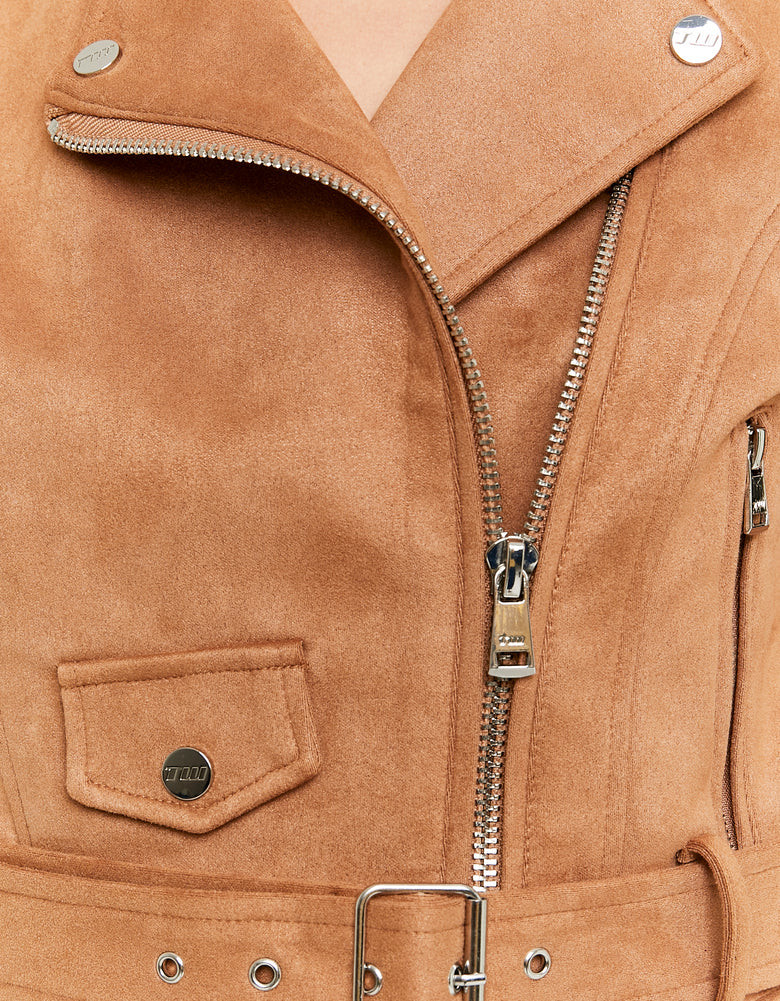Ladies Brown Suede Biker Jacket-Zip Fastening View