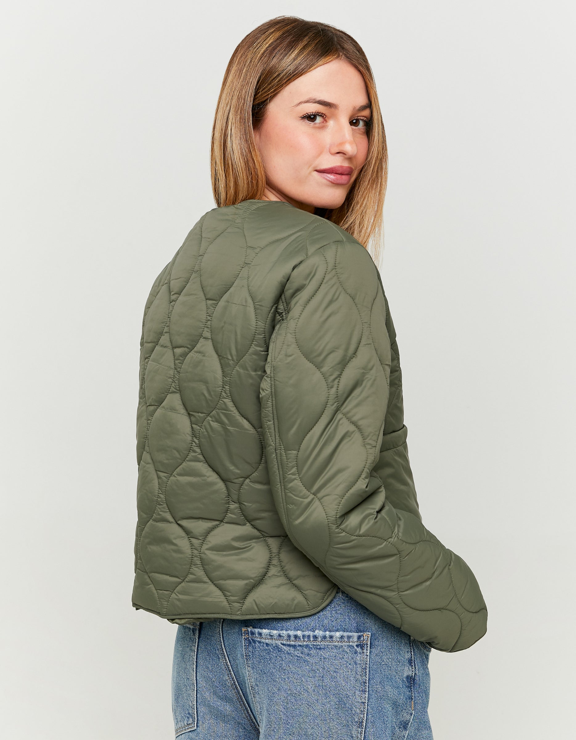 Ladies Khaki Light Padded Shacket-Model Back View