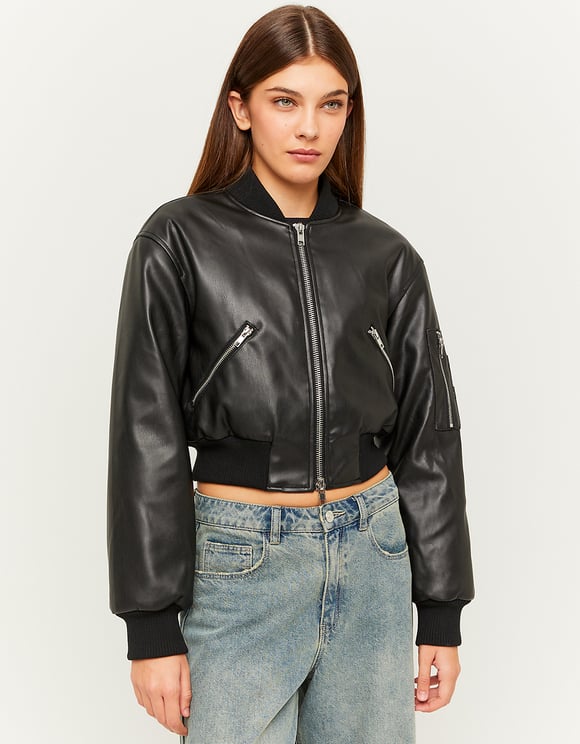 Ladies Black Faux Leather Bomber Jacket-Model Front View