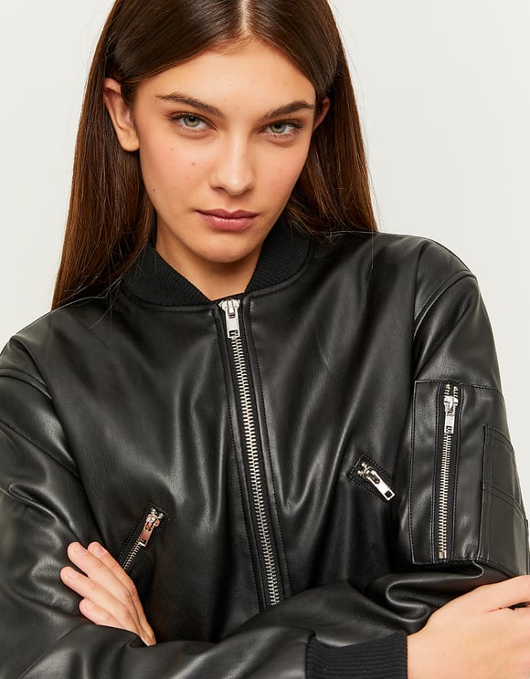 Ladies Black Faux Leather Bomber Jacket-Close Up View
