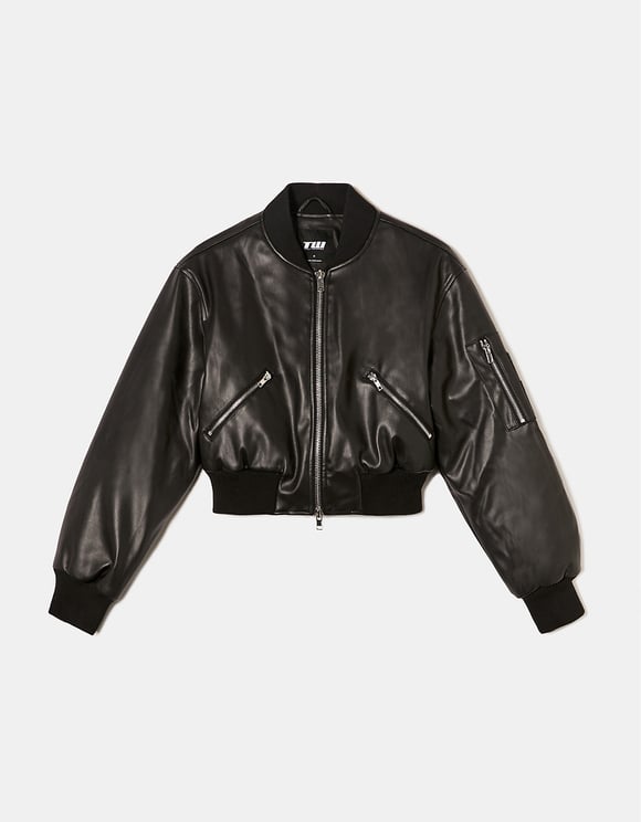 Ladies Black Faux Leather Bomber Jacket-Ghost Front View
