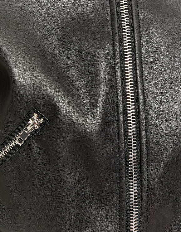Ladies Black Faux Leather Bomber Jacket-Zip Fastening View