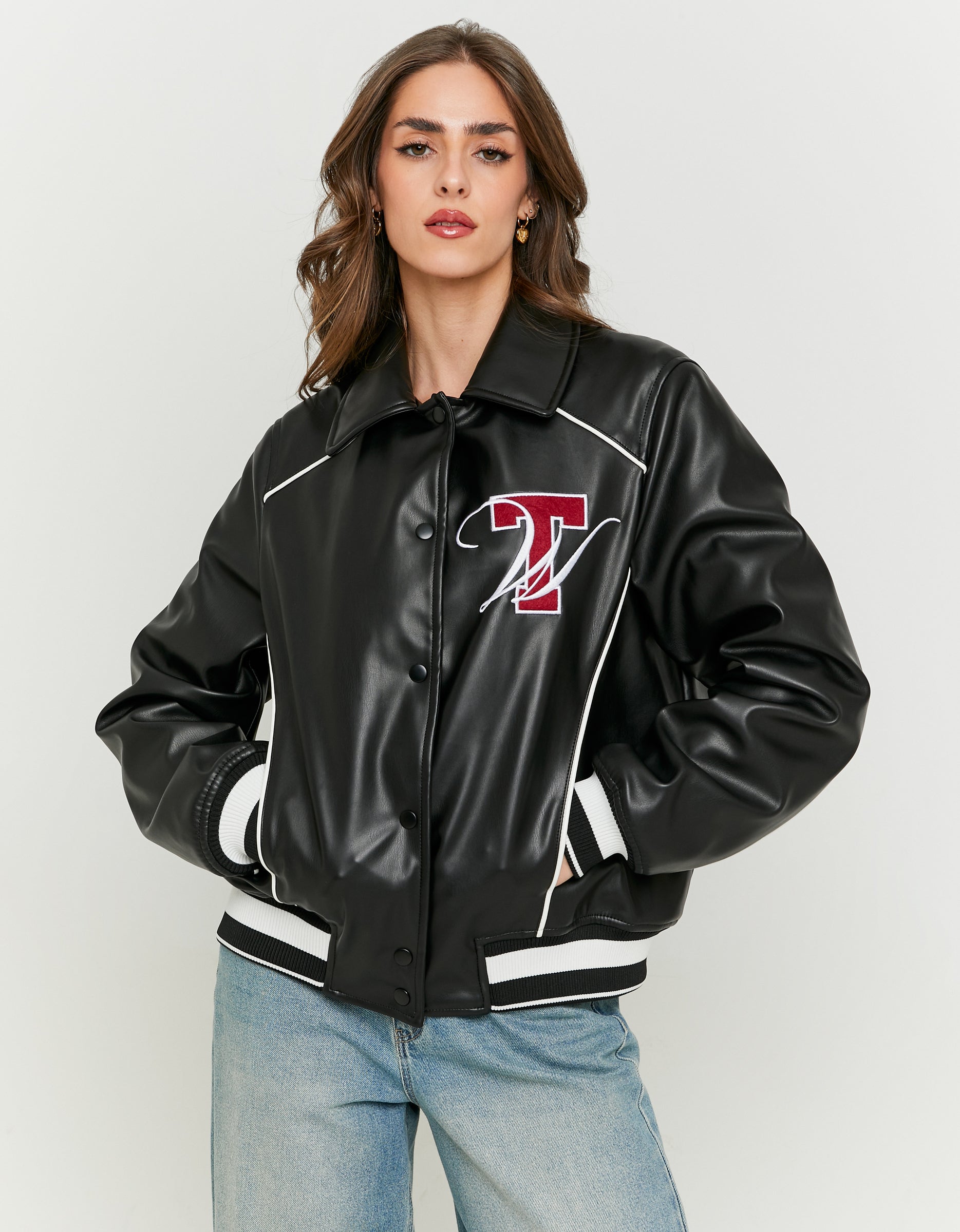 Ladies Black Faux Leather Oversize Varsity Jacket-Model Front View