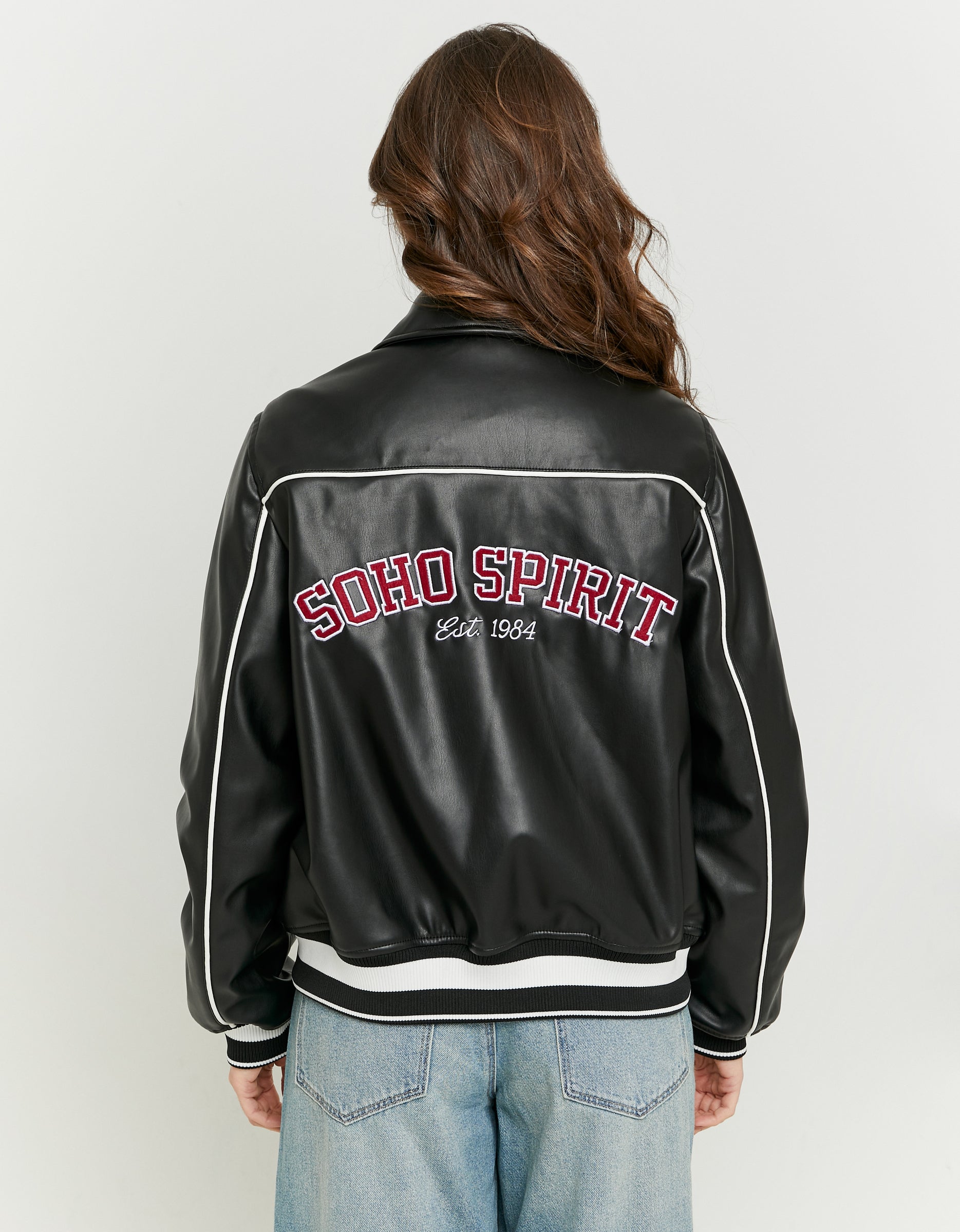 Ladies Black Faux Leather Oversize Varsity Jacket-Model Back View