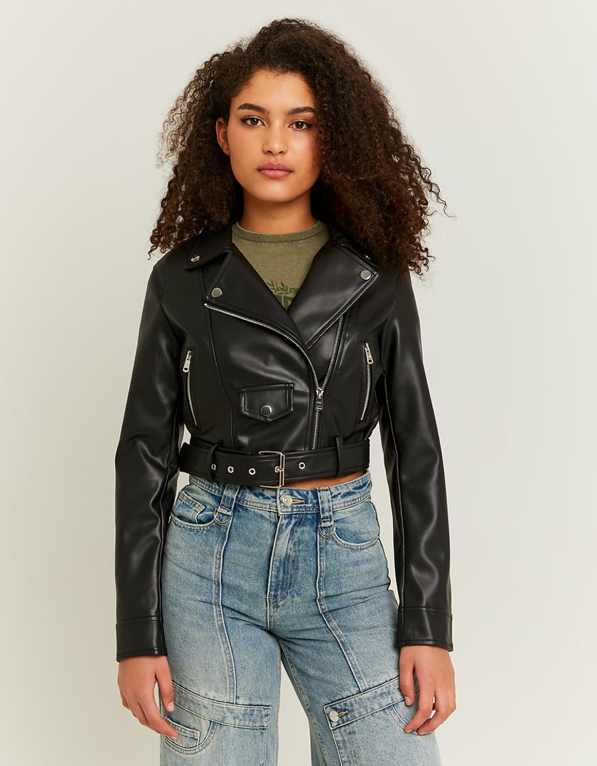 Ladies Black Faux Leather Biker Jacket-Model Front View
