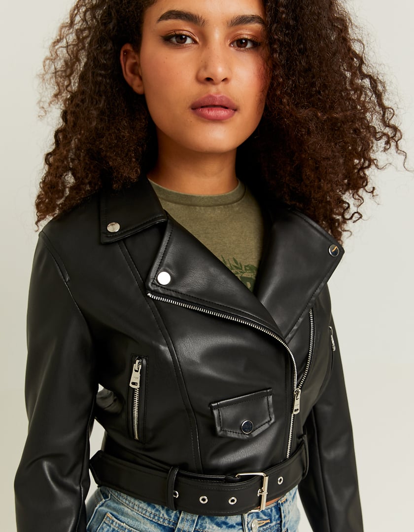 Ladies Black Faux Leather Biker Jacket-Close View of Front