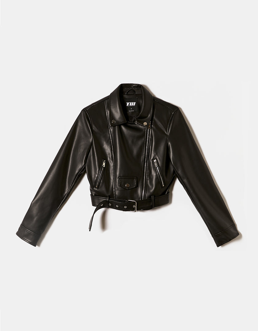 Ladies Black Faux Leather Biker Jacket-Front View