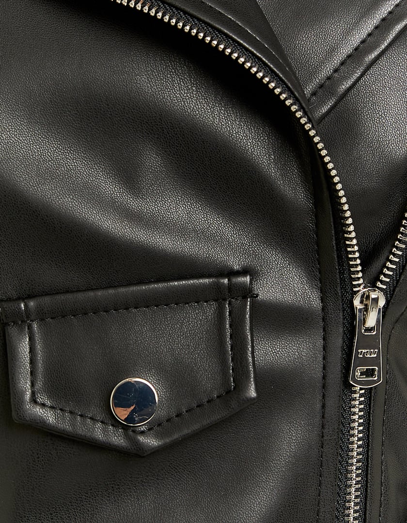 Ladies Black Faux Leather Biker Jacket-Close Up View