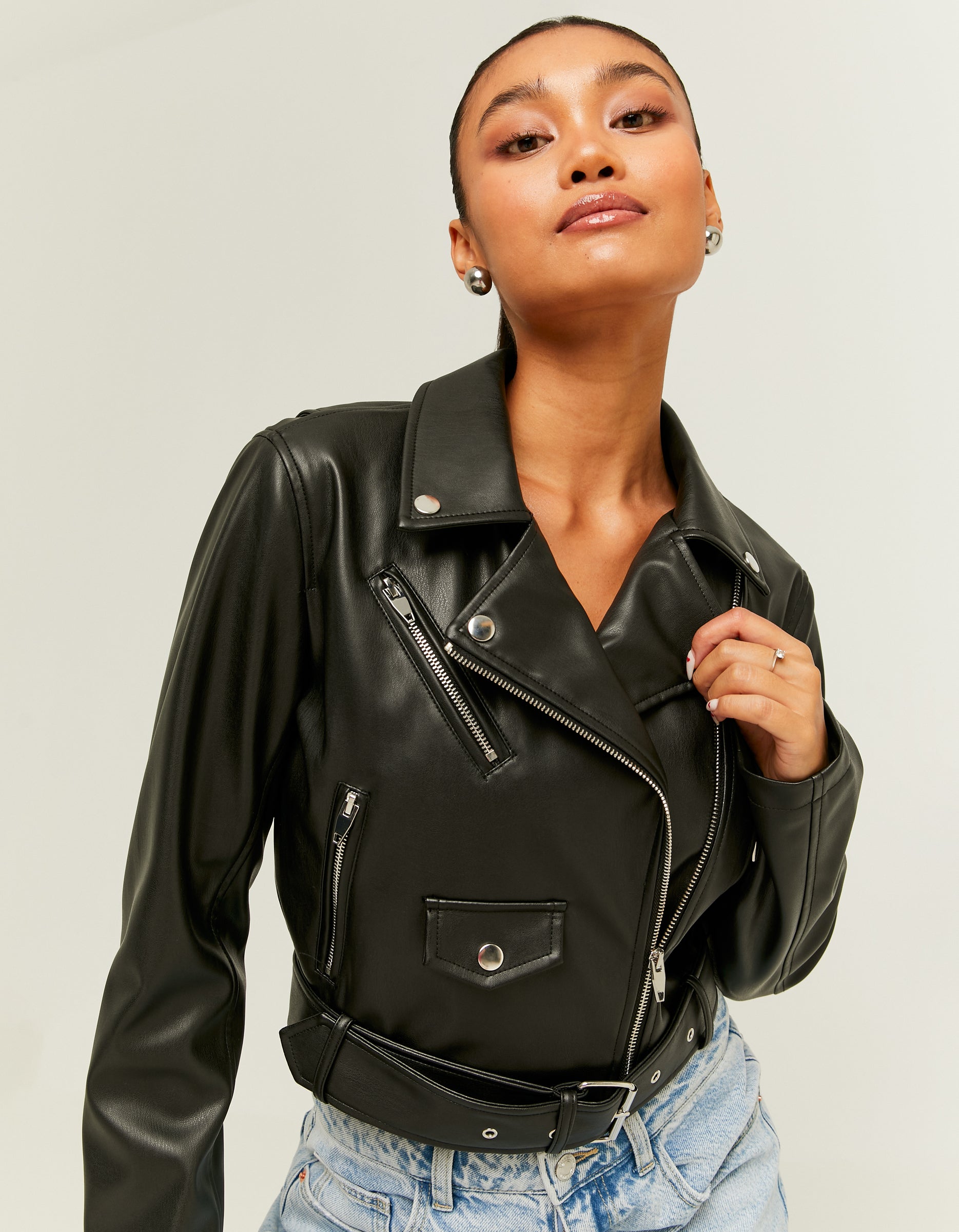 Ladies Black Biker Jacket-Jacket Closed View