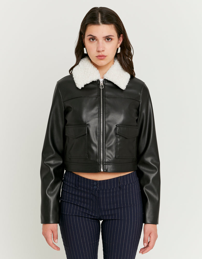 Ladies Black Jacket With Faux Fur Collar-Model Front View