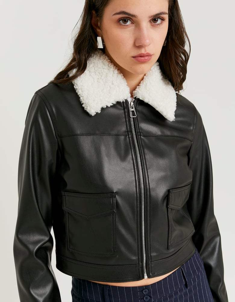 Ladies Black Jacket With Faux Fur Collar-Closer View of the Front