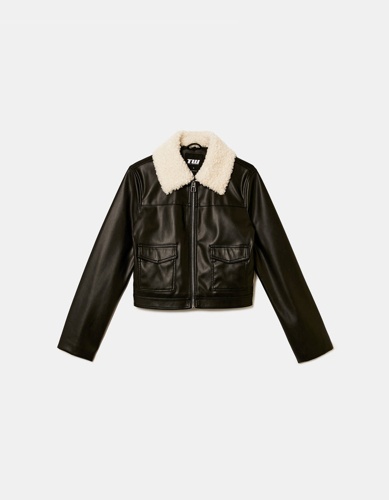 Ladies Black Jacket With Faux Fur Collar-Ghost Front View