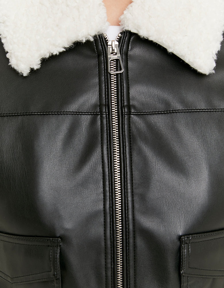Ladies Black Jacket With Faux Fur Collar-Zip Fastening View