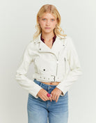 Model front view of white faux leather biker jacket