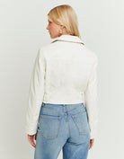 Model back view of women's white biker jacket