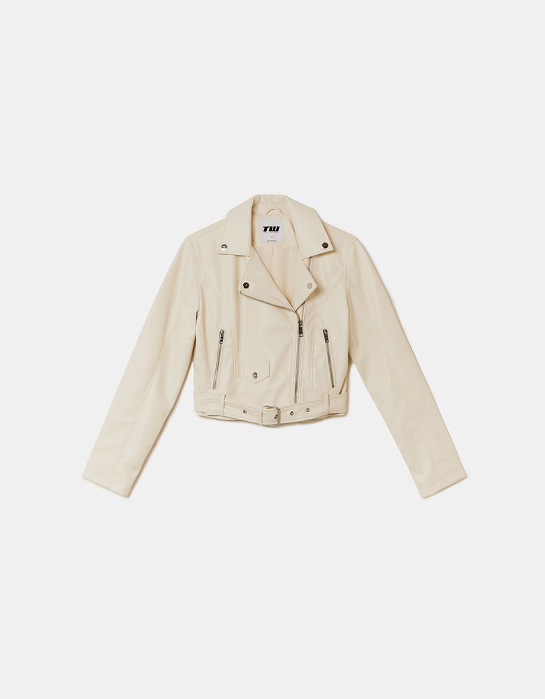 Ladies White Faux Leather Biker Jacket-Ghost Front View