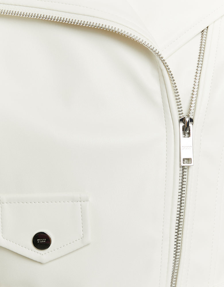 Ladies White Faux Leather Biker Jacket-Zip Fastening View