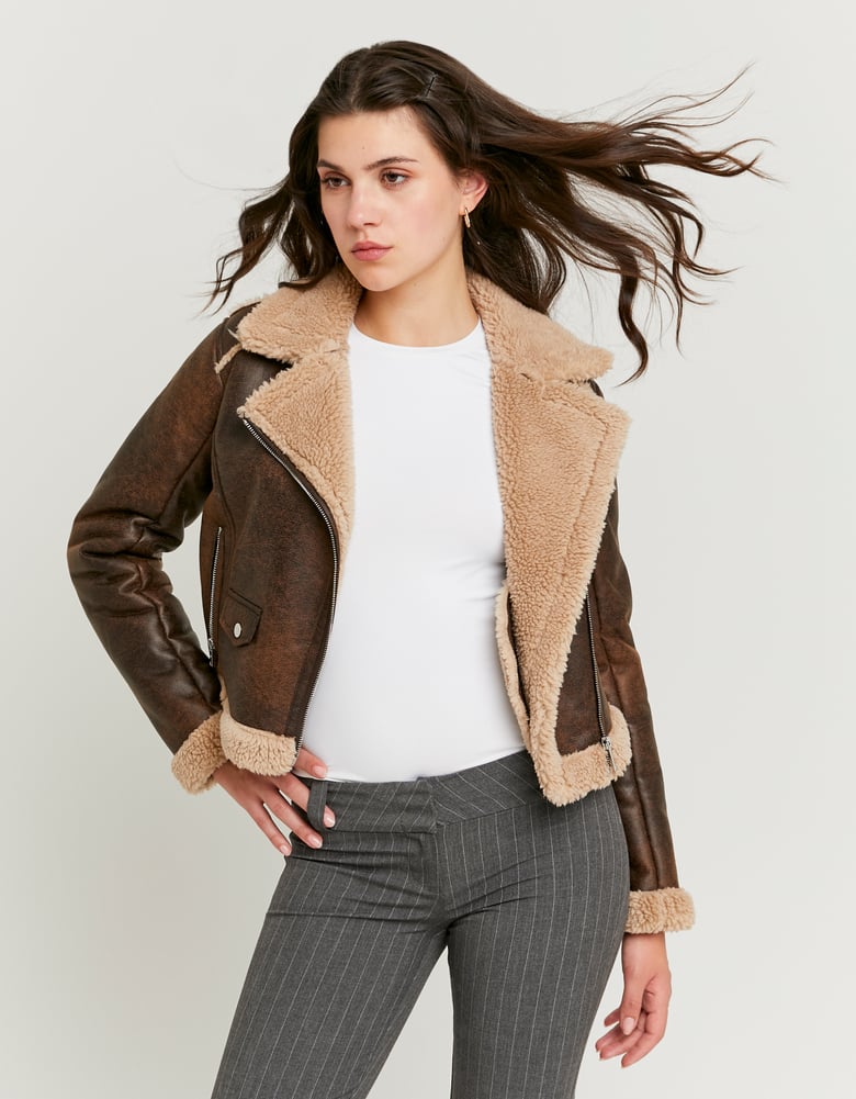 Ladies Brown Aviator Jacket-Model Front View