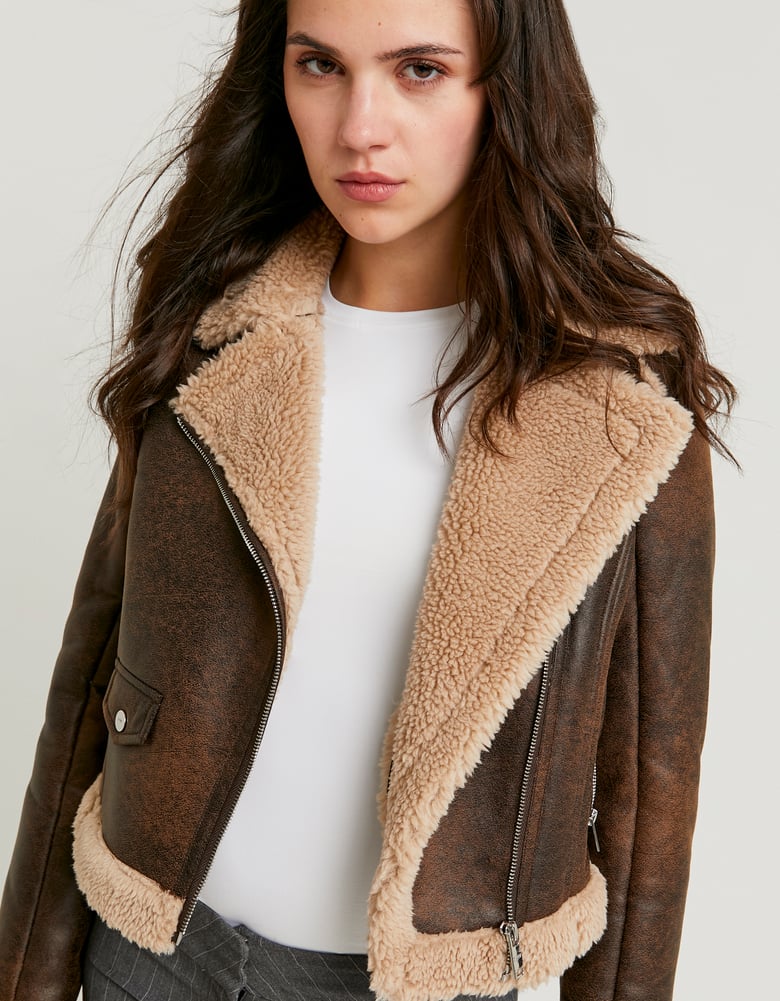Ladies Brown Aviator Jacket-Closer View of the Front