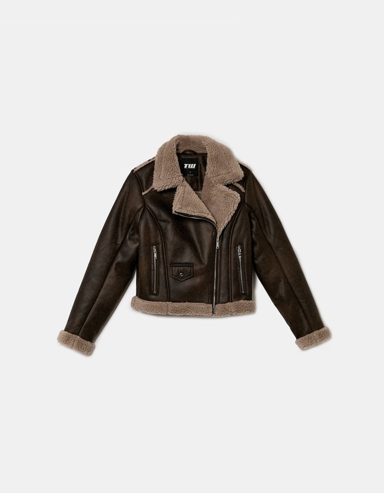 Ladies Brown Aviator Jacket-Ghost Front View