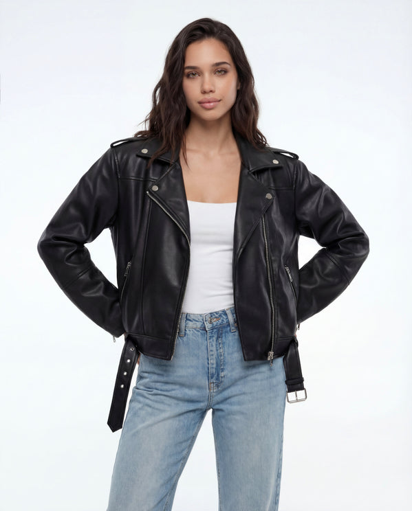 Tally Weijl black faux leather biker jacket worn by model, front view