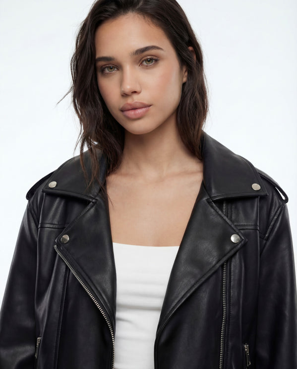 Tally Weijl black faux leather biker jacket worn by model, close front view