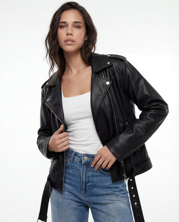Tally Weijl Black Faux Leather Biker Jacket BLACK flat front view