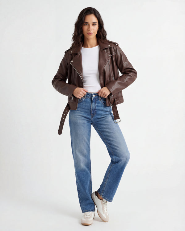 Tally Weijl brown faux leather biker jacket worn by model, front view