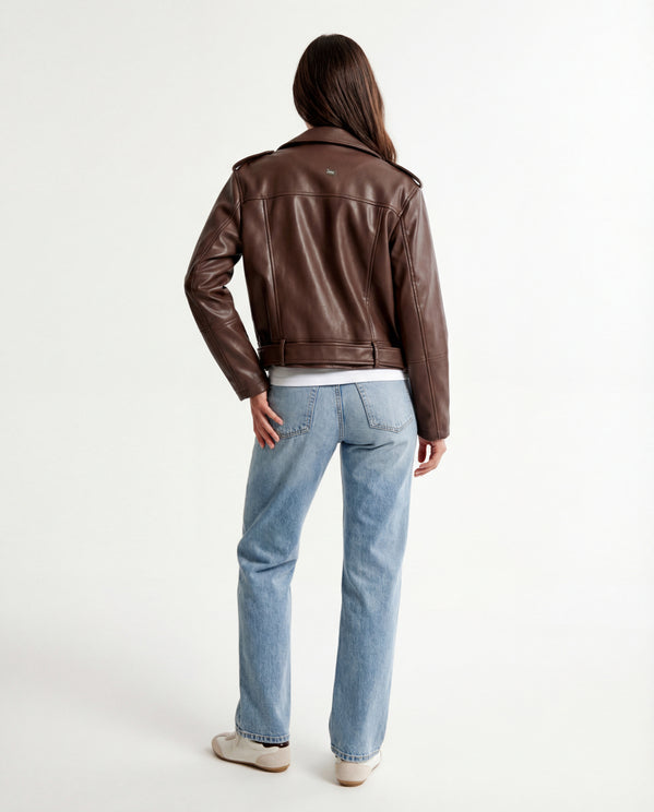 Tally Weijl brown faux leather biker jacket worn by model, back view