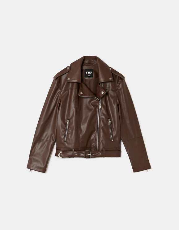 Tally Weijl Brown Faux Leather Biker Jacket BROWN back view