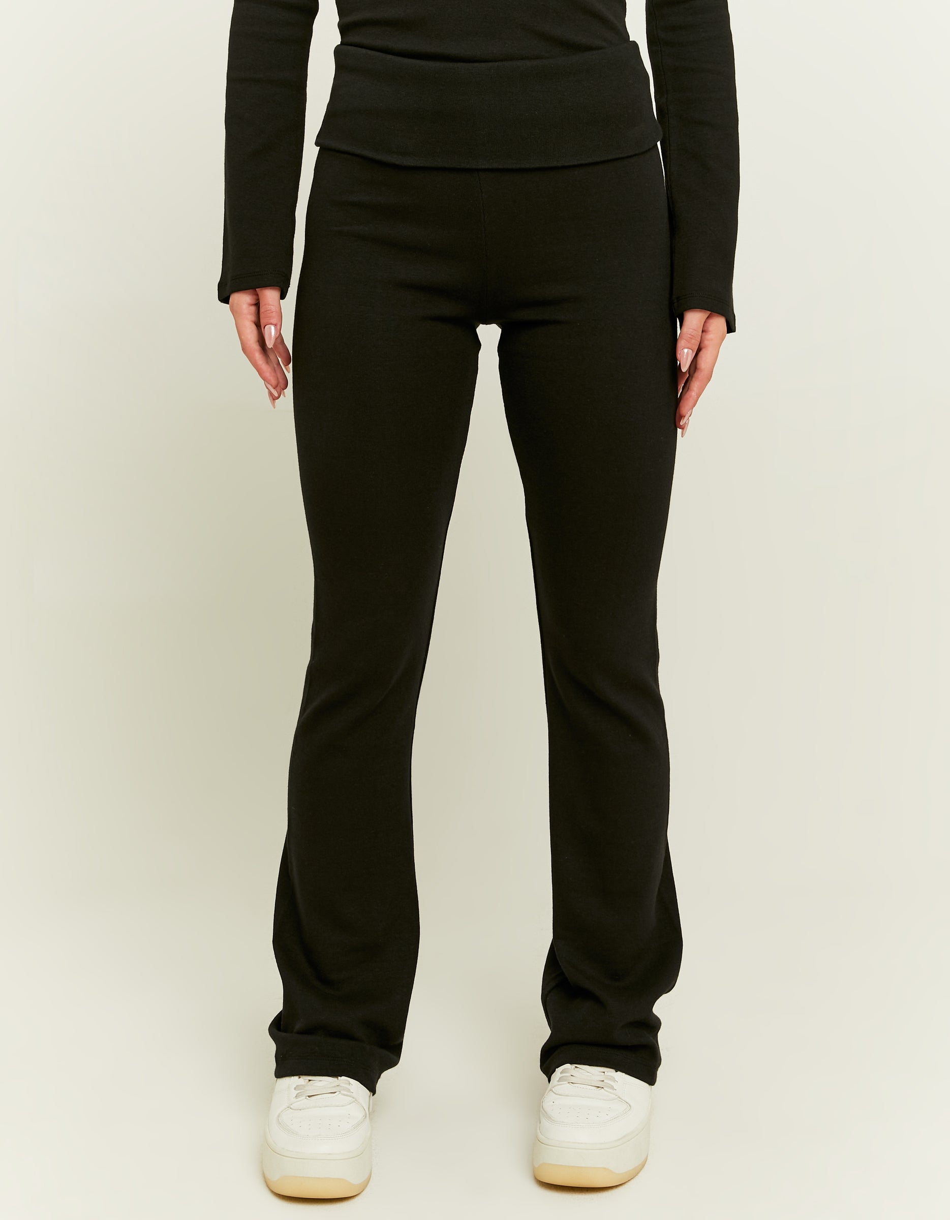 Ladies Black Leggings With Fold Waist-Closer View Of Front